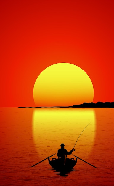 Рыбак в лодке на закате. Векторная иллюстрация закатного морского пейзажа с рыбаком.