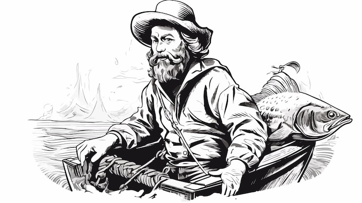 Vector fisherman captain riding fish sketch engraving vector illustration
