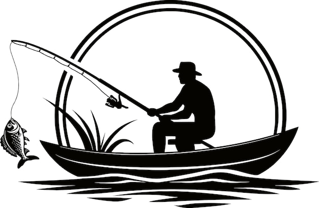 Линия для литья рыбака из силуэта лодочного вектора