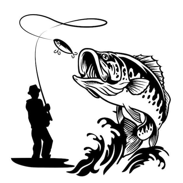 Vector fisherman catching the big bass fish in black and white style