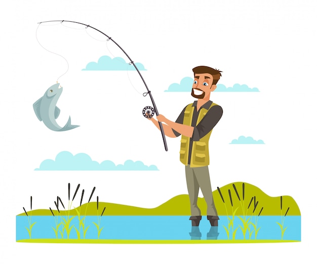 Fisherman catching fish on hook illustration, male at river bank  drawing, man in rubber boots  character, guy shows catch, outdoor recreation, active leisure time