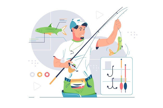 Vector fisherman catching fish on rod