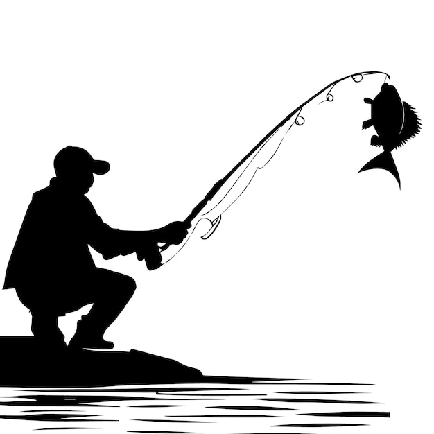 Vector fisherman catching fish vector silhouette