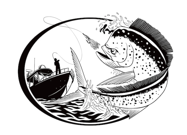 Vector fisherman catching mahimahi fish illustration black and white