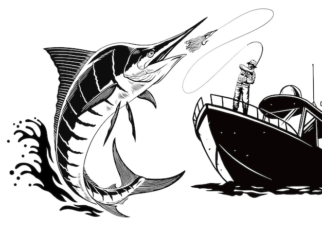 Fisherman Catching Marlin Fish Illustration in Black and White