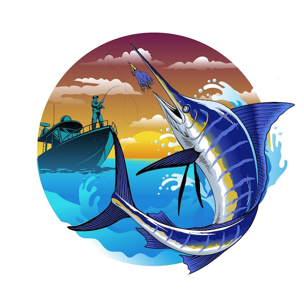 Vector fisherman catching marlin jumping out of water in a circle frame