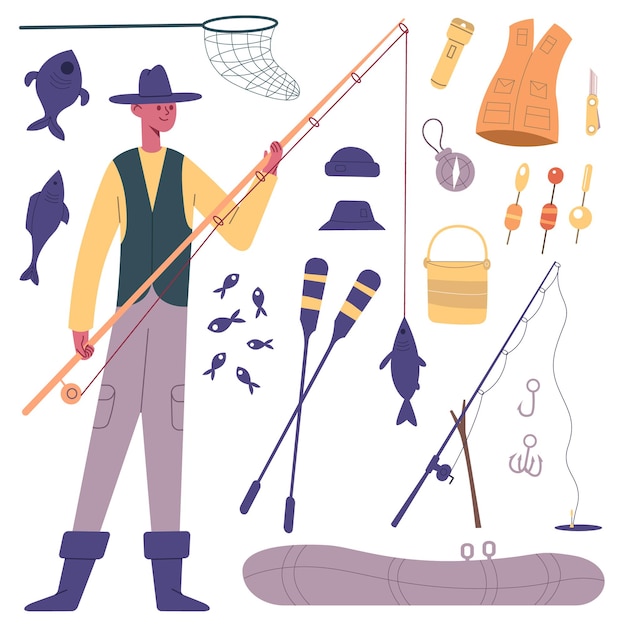 漁師のキャラクター。釣り道具、釣り竿、リール、ボート、魚の餌のベクトルイラストセットを持つ漫画の漁師。釣りアウトドアレジャーのシンボル。フック、パドルなどの趣味用機器