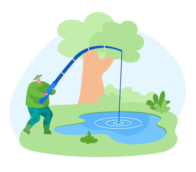 Vector fisherman character with rod catching fish in pond