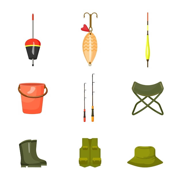 Fisherman clothes icons set cartoon vector ice lake river