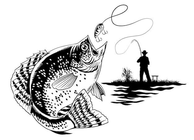 Vector fisherman fishing crappie fish black and white