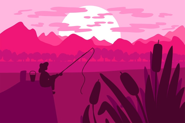 Pescatore che pesca sul molo sul fiume nell'area naturale al tramonto. vettore