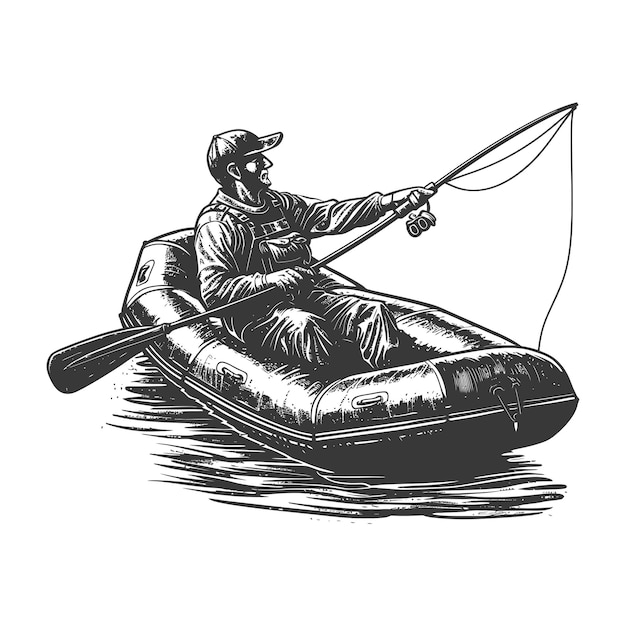 Vector fisherman fishing using inflatable boat full body with engraving style black color only