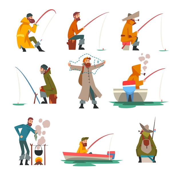 Fisherman fishing with fishing rod and cooking soup on bonfire vector illustration on white background