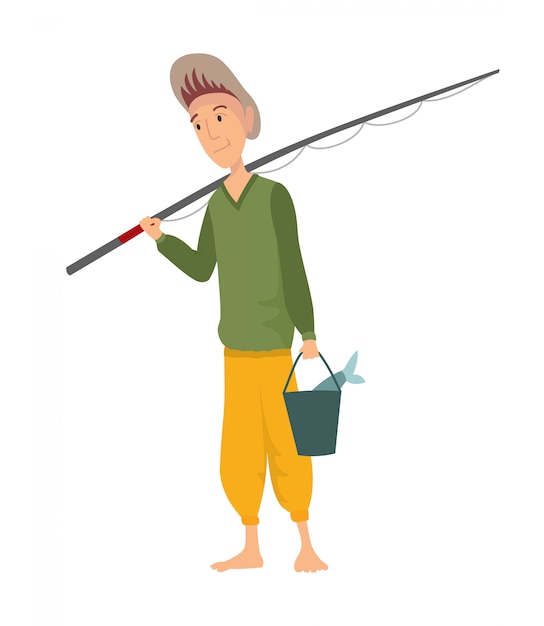 ベクトル 漁師のフラット。魚と機器のベクトルのセットを持つ人々を釣り。釣り道具、レジャー、趣味は魚のイラストをキャッチします。