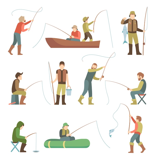 Fisherman flat icons. fishing people with fish and equipment