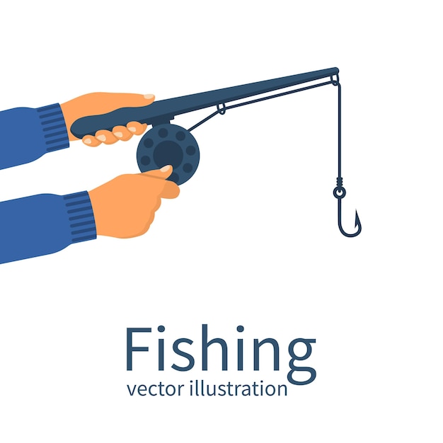 Pescatore che tiene in mano canne da pesca classiche con gancio concetto di pesca illustrazioni vettoriali design piatto poster banner per attività sportive