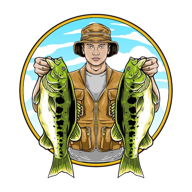 Fisherman holding largemouth bass in vintage hand drawing style