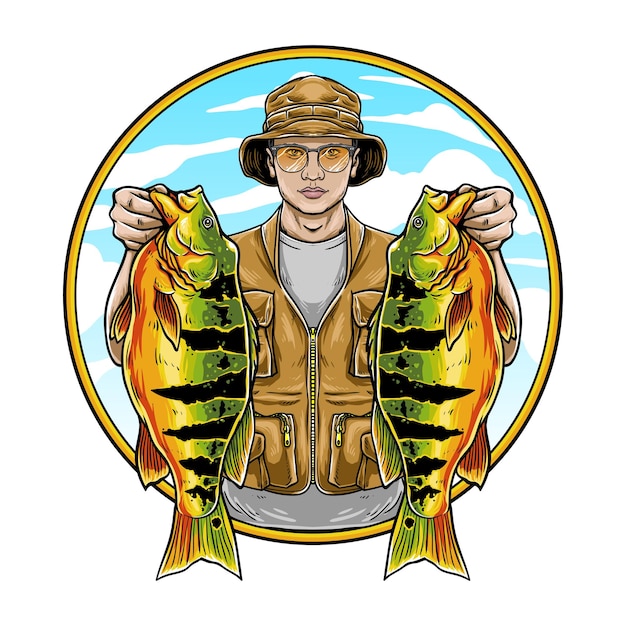 Fisherman holding peacock bass in vintage hand drawing style