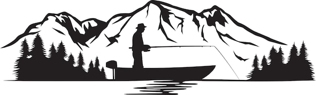 Вектор Рыбак в лодке и горный пейзаж