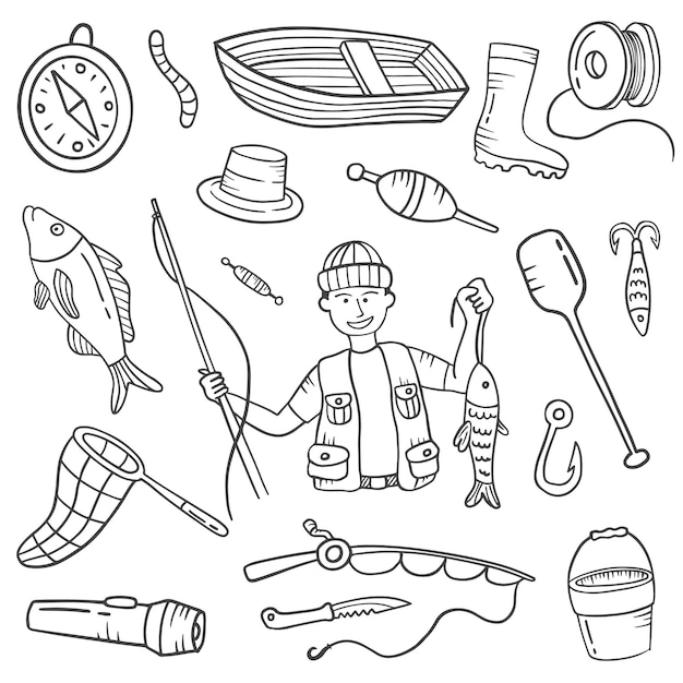 Fisherman jobs or profession doodle hand drawn set collections with outline black and white style