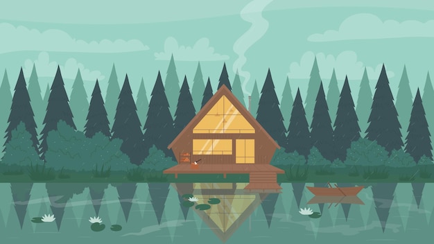 Vector fisherman modern wooden stilt house in forest mountain landscape water of lake or river