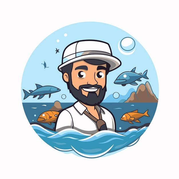 Vettore pescatore in mare illustrazione vettoriale in stile cartone animato