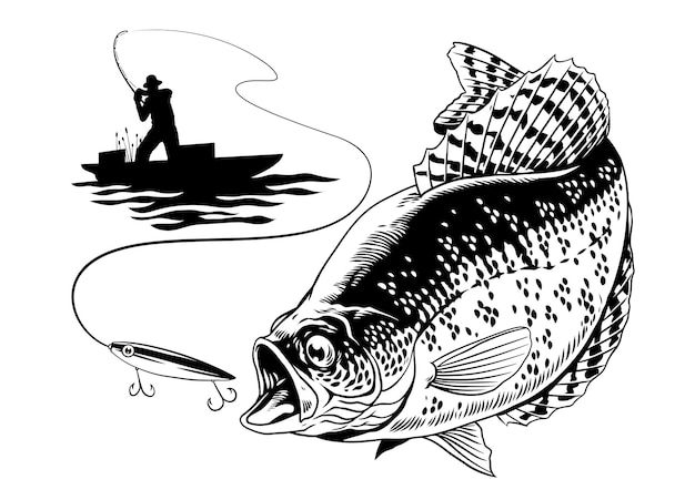 Vector fisherman silhouette catching the crappie fish