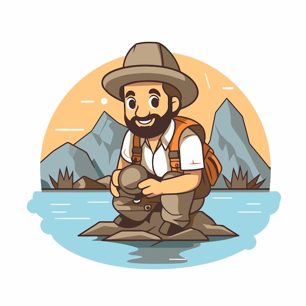 Fisherman sitting on a rock in the river Vector illustration