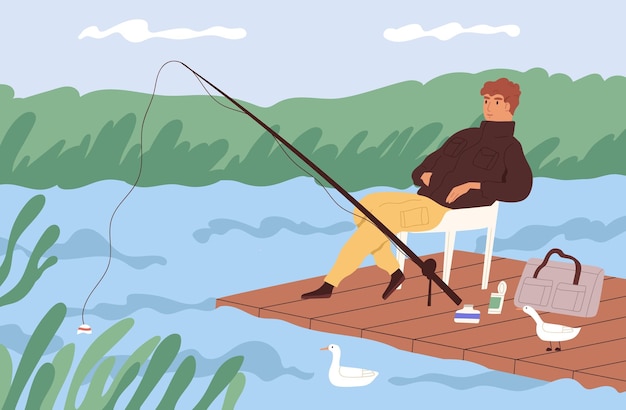 Premium Vector  Fisherman sitting with fishing rod and watching at float  in lake. fisher catching fish at wooden dock. young man enjoying leisure  time in nature. colorful flat vector illustration.