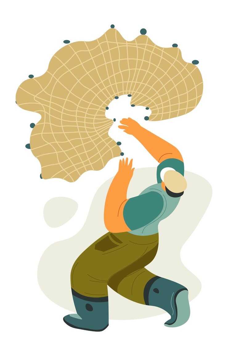 Vector fisherman throwing net for catching fish vector