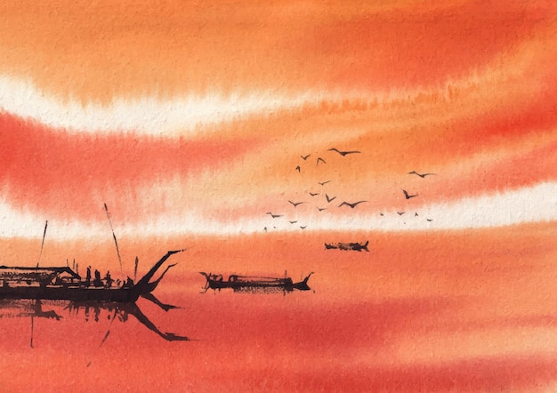 Fisherman with boat on river watercolor paint