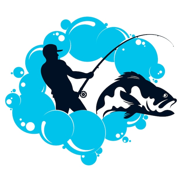 Fisherman with a fishing rod and a big fish catch Design for fishing