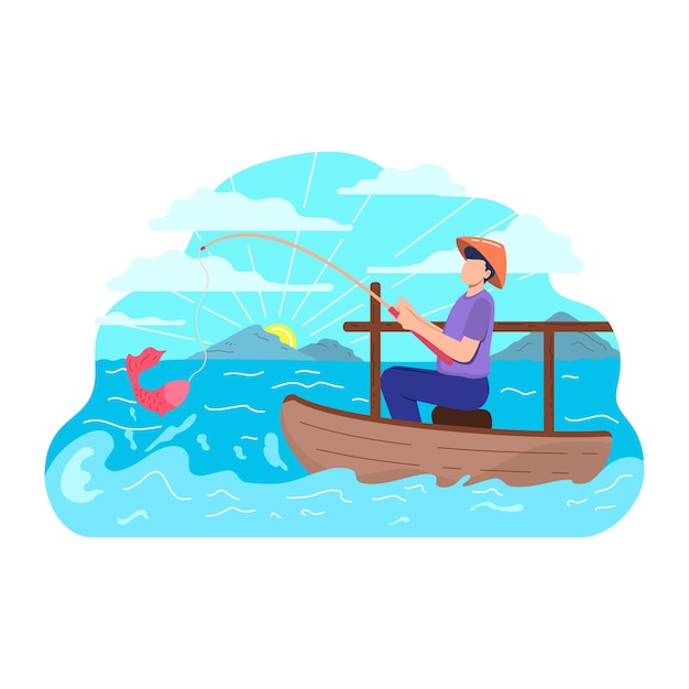 Fisherman with Fishing Rod Boat Forest