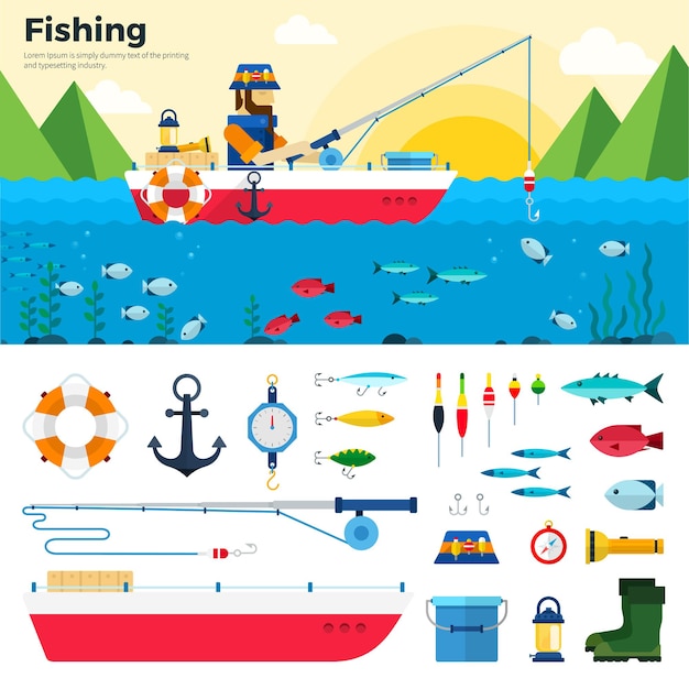 Vector fisherman with fishing rod is fishing on boat items fishing hook tackle bait reel anchor