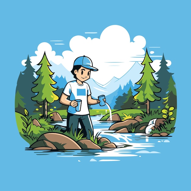 Vector fisherman with fishing rod in the river vector illustration