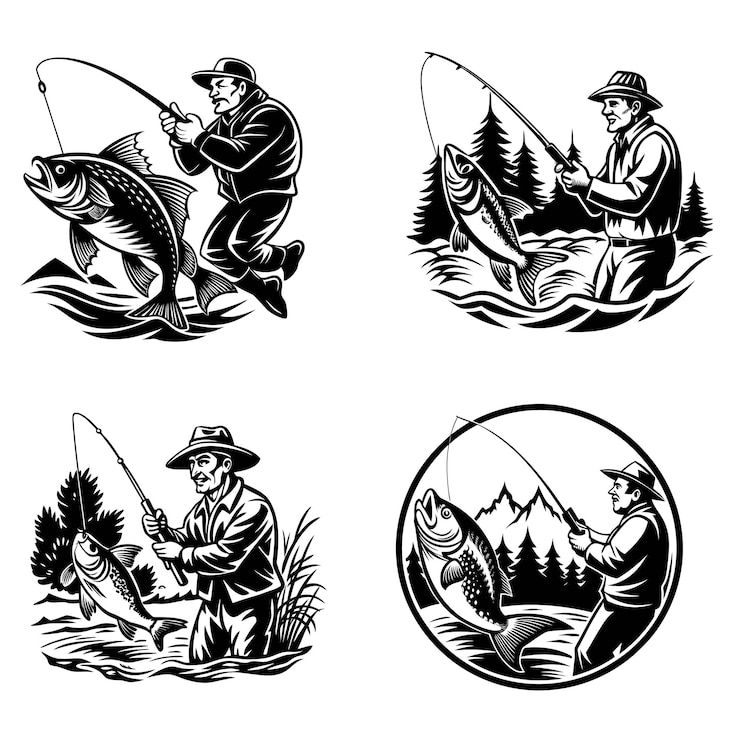 Vector fisherman with fishing rod in special equipment silhouette for fishing