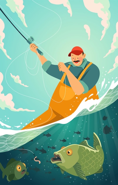 Vector fisherman with fishing rod