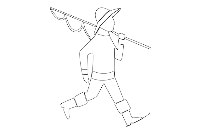 A fisherman with a hat and a long rod running to catch a fish outdoor one line art