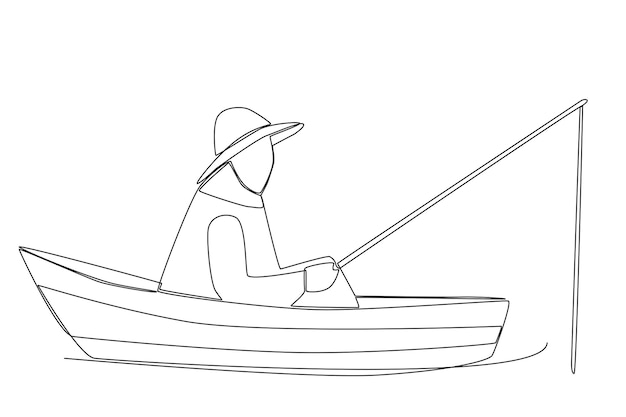 Рыбак с длинной удочкой в ожидании улова на лодке на открытом воздухе одной линии искусства