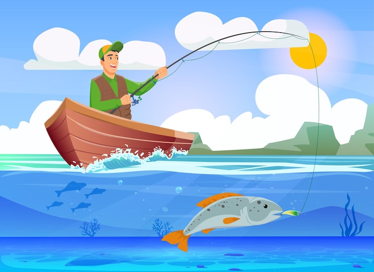 Fisherman in a wooden boat caught a fish on a fishing tackle