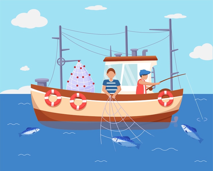 Vector 漁師, 中に, 海, ボット, 網, ∥で∥, fish, 男性, 仕事, 上に, 海, 船, 漁業, 漁業, 人々, 商業用装置, 漁船, 労働者, ∥で∥, タックル, ∥あるいは∥, 棒, ベクトル, 漫画, イラスト