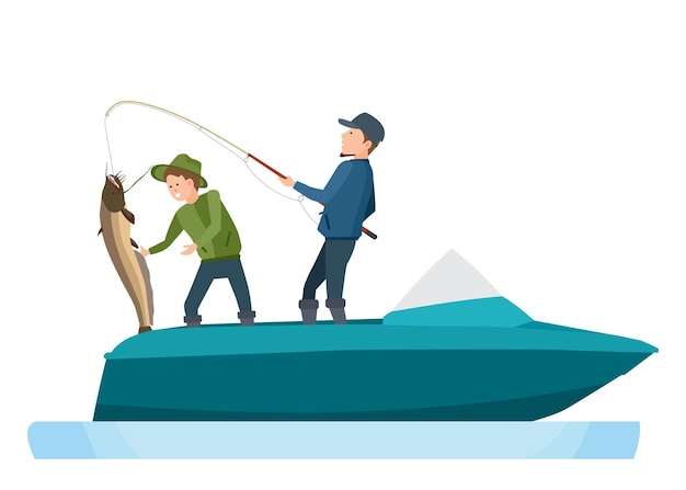 Рыбаки берут пойманную на спиннинг рыбу и сажают сома в лодку