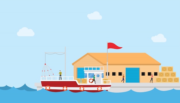 Vector fishery industry concept on small port and warehouse or storehouse building with boat and people with modern flat style