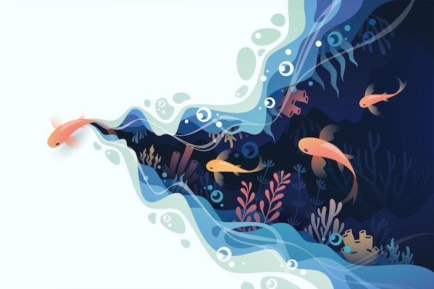 Vector fishes layered shape wavy ocean underwater background in paper cut style