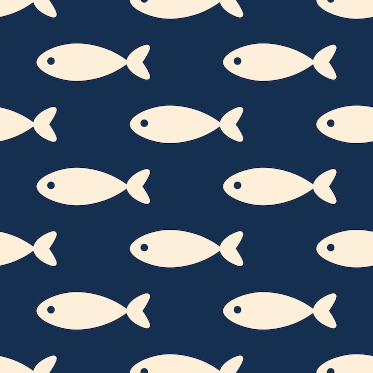 Vector fishes simple vector seamless pattern ivory minimalist stylized drawings on dark blue background