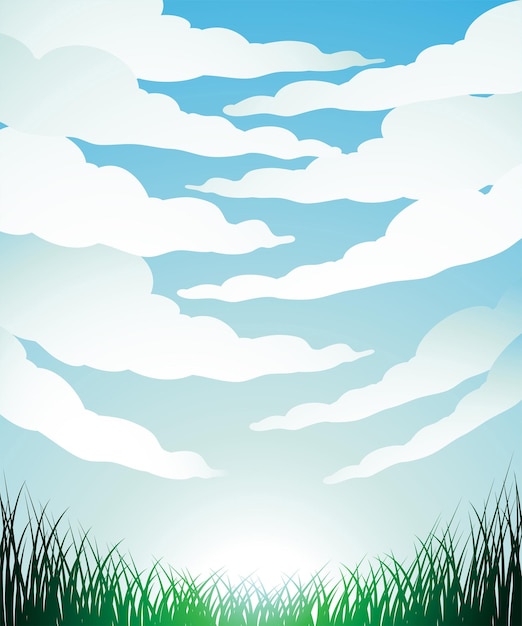 明るい空の上の雲と草の魚眼ビュー