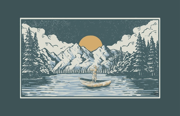 Вектор Рыбалка на озере винтажная векторная иллюстрация