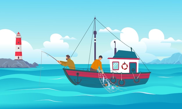 Fishing background fisherman with rods standing on boat in ocean vector happy sailors outdoor cartoon template