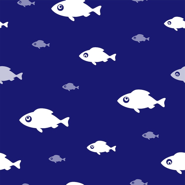 Sfondo di pesca. modello senza cuciture con pesce bianco divertente sull'azzurro. illustrazione vettoriale.