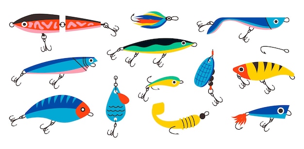 Fishing bait Abstract contemporary fishery lures and wobblers Spoons and twisters of artificial small colorful fish shapes with hooks Fisher accessories Vector isolated fisherman equipment set